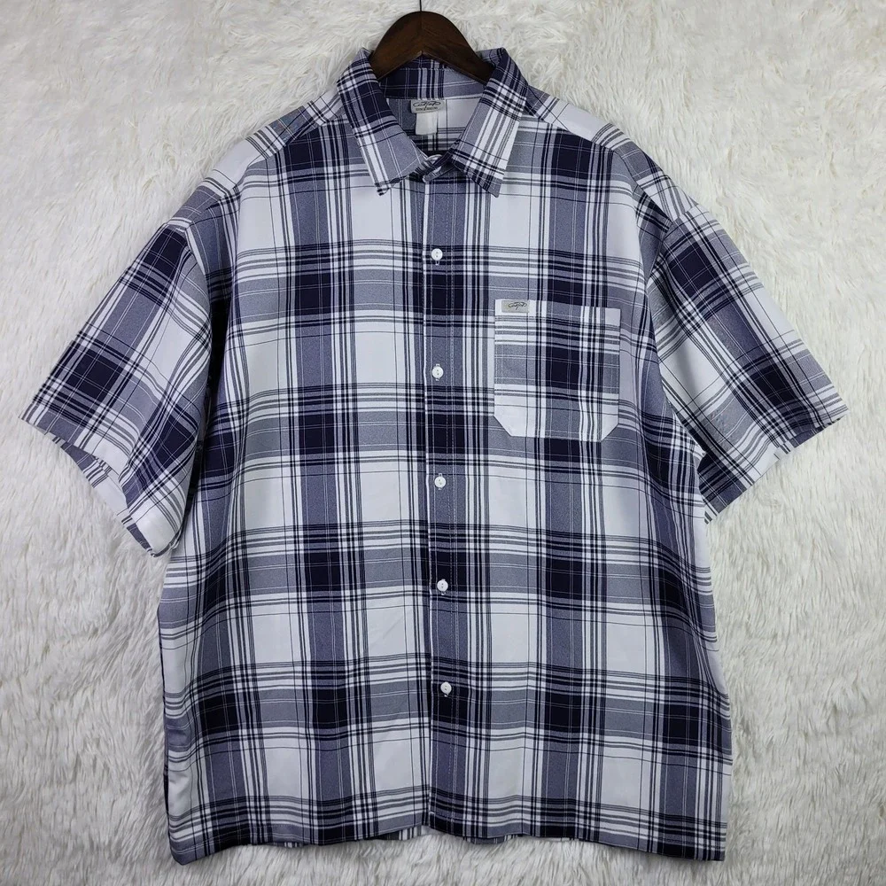 Cal Top Mens Navy Blue White Plaid Short Sleeve Button Up Shirt Lowrider 3XL